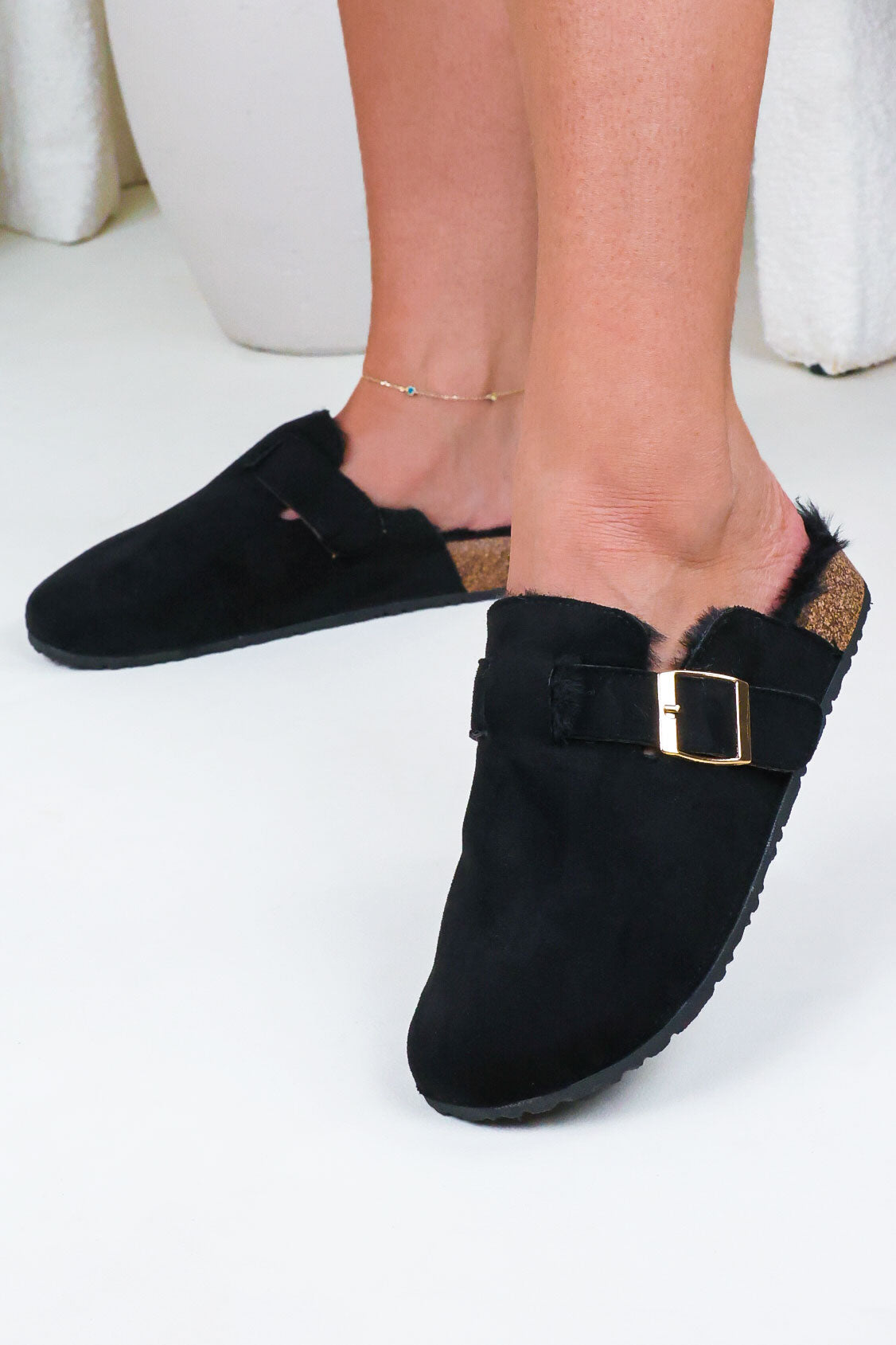 Womens Black Cozy Faux Fur Lined Buckle Mules - Miss Moda Luxe