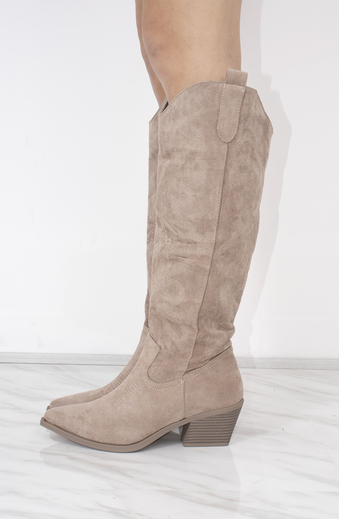 Taupe Faux Suede Knee High Embroidered Heeled Cowboy Boots