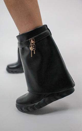 Black Wedge Pu Leather Fold Over Lock Detail Ankle Shark Boot