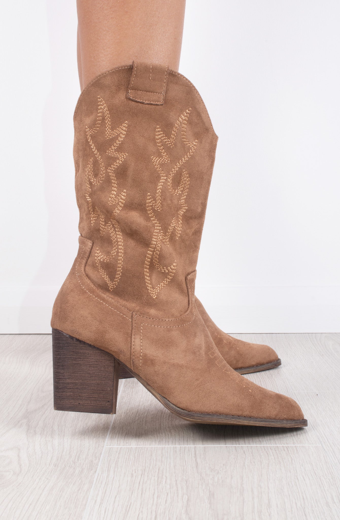 Camel Faux Suede Embroidered Western Pointed Toe Mid Calf Cowboy Boots