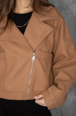 
            
                Load image into Gallery viewer, Camel Wool Fold Over Zip Biker Jacket
            
        