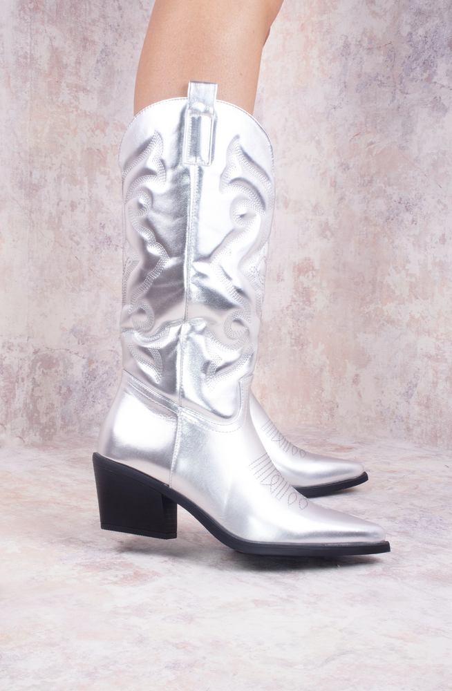 Silver Metallic Calf Length PU Cowboy Boot