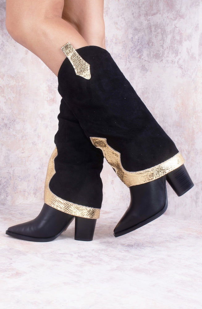 
            
                Load image into Gallery viewer, Black Gold Shark Fold Over Tab Detail Cowboy Boots
            
        