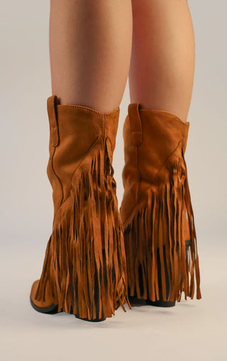 Camel Mid Faux Suede Fringe Tassel Cowboy Boot Toe Cap