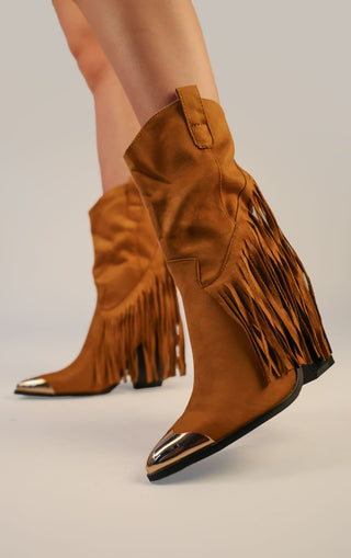 Camel Mid Faux Suede Fringe Tassel Cowboy Boot Toe Cap