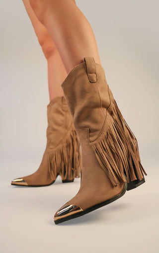 Taupe Mid Faux Suede Fringe Tassel Cowboy Boot Toe Cap