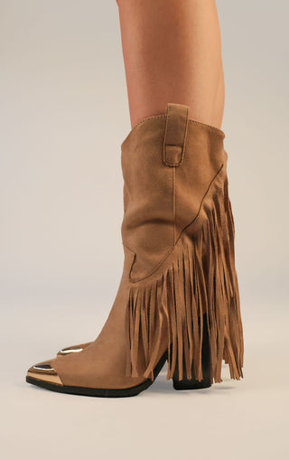 Taupe Mid Faux Suede Fringe Tassel Cowboy Boot Toe Cap