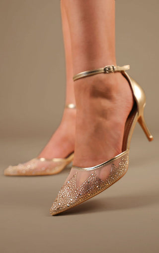 Gold Mesh and Diamante Mid Heel Court Shoe