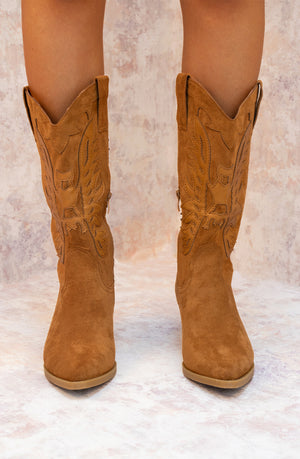 Camel Suede Cowboy Mid Calf Length Boots