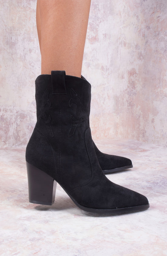 Black Classic Faux Suede Cowboy Heeled Boot