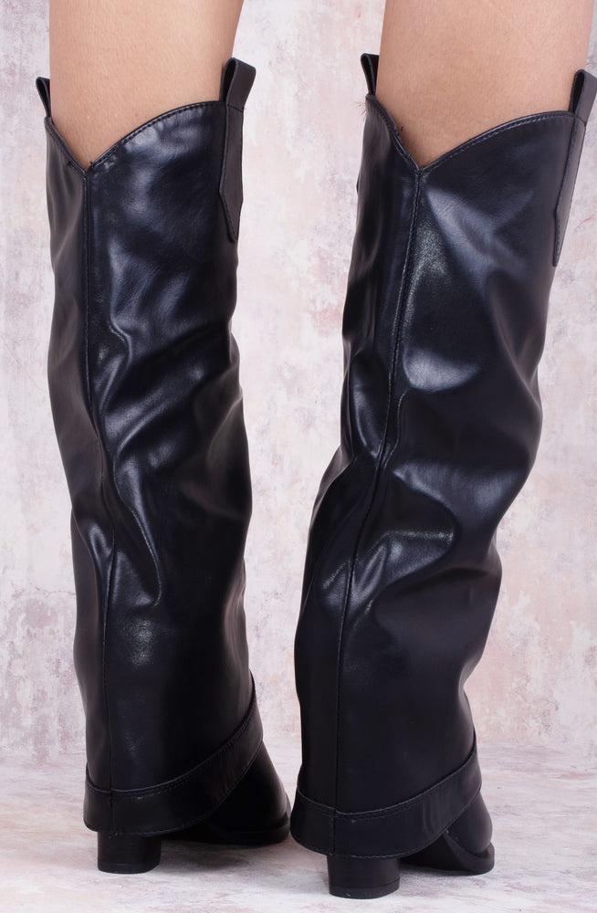 Black PU Leather Shark Fold Over Tab Detail Cowboy Boots
