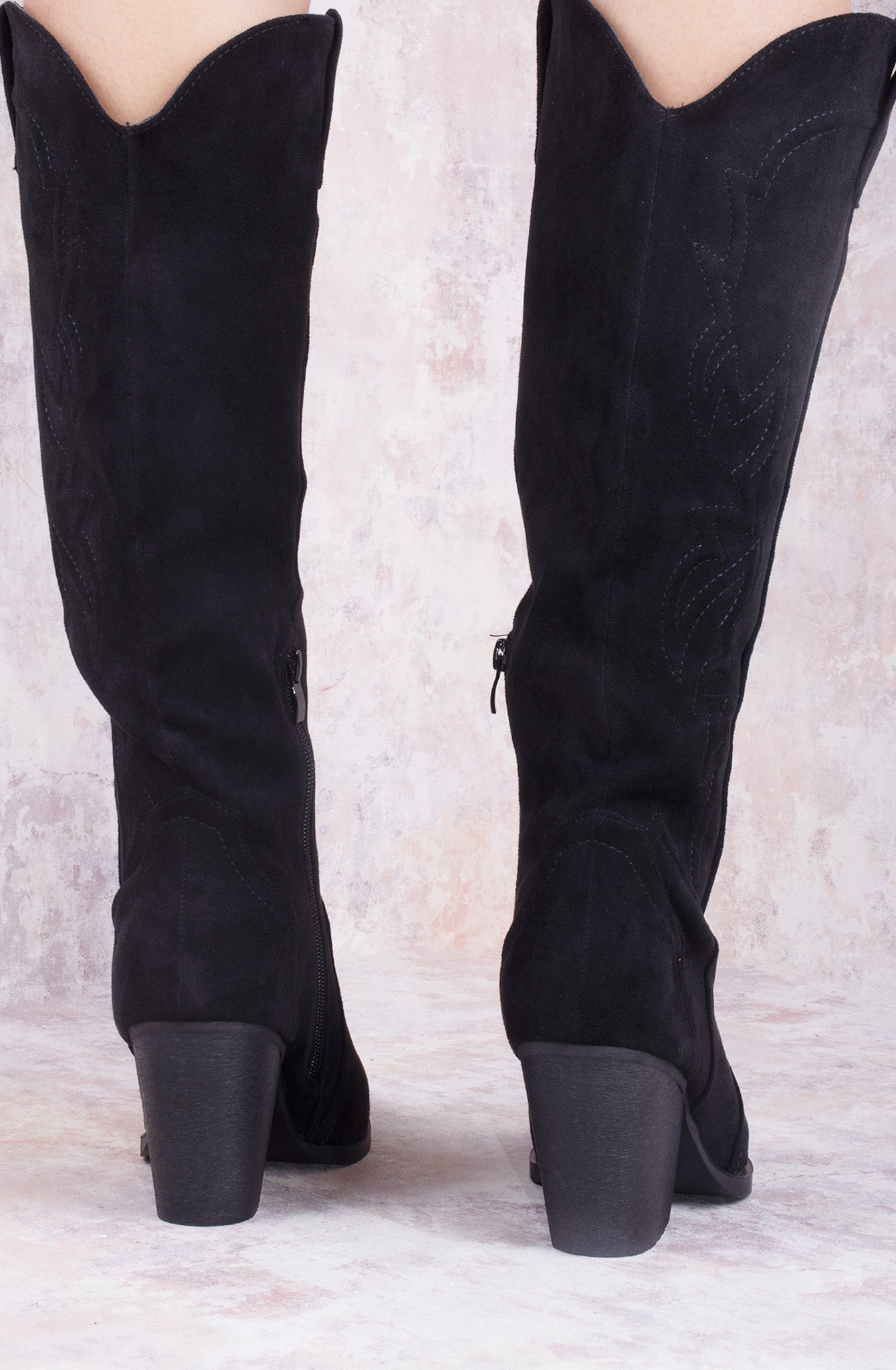 Load image into Gallery viewer, Black Faux Suede Knee High Block Heel Cowboy Boots
