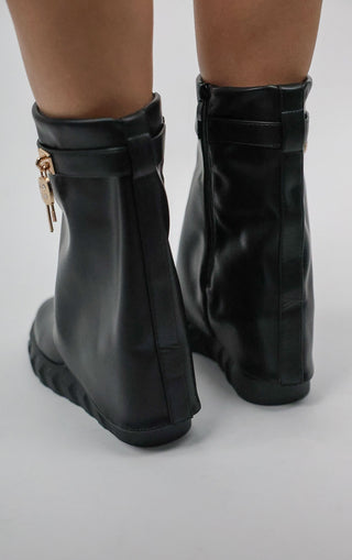 Black Wedge Pu Leather Fold Over Lock Detail Ankle Shark Boot