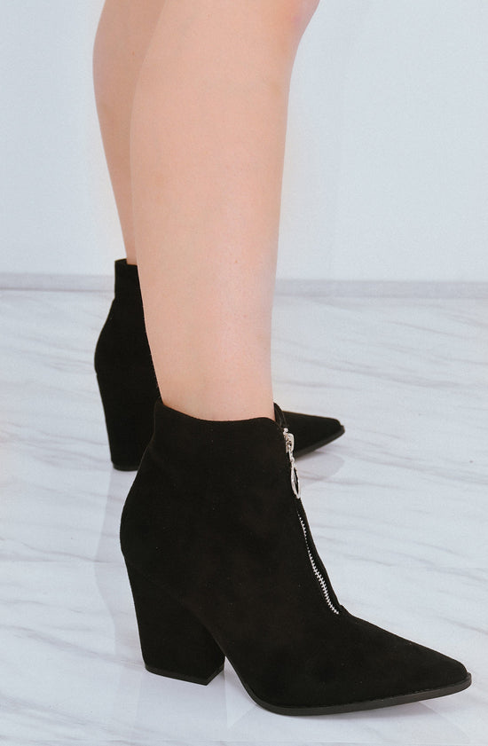 Black Classic Zip Up Faux Suede Heeled Cowboy Boot