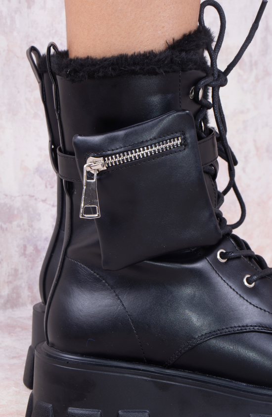 Black Faux Leather Buckle Lace Up Chunky Ankle Boots With Pocket Detailed