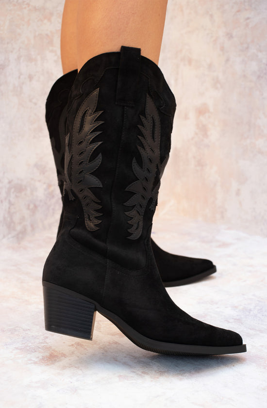 Black Suede Cowboy Mid Calf Length Boots