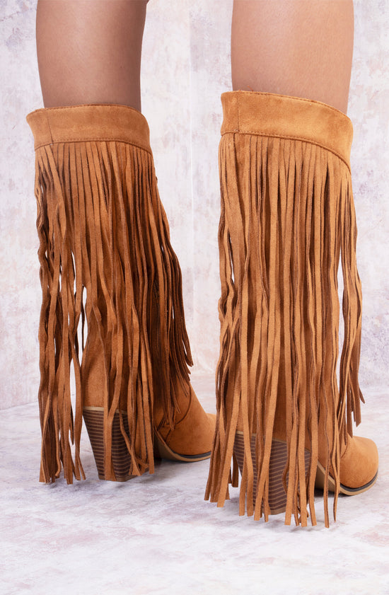 Load image into Gallery viewer, Camel Mid Calf Length Western Faux Suede Fringe Cowboy Boot
