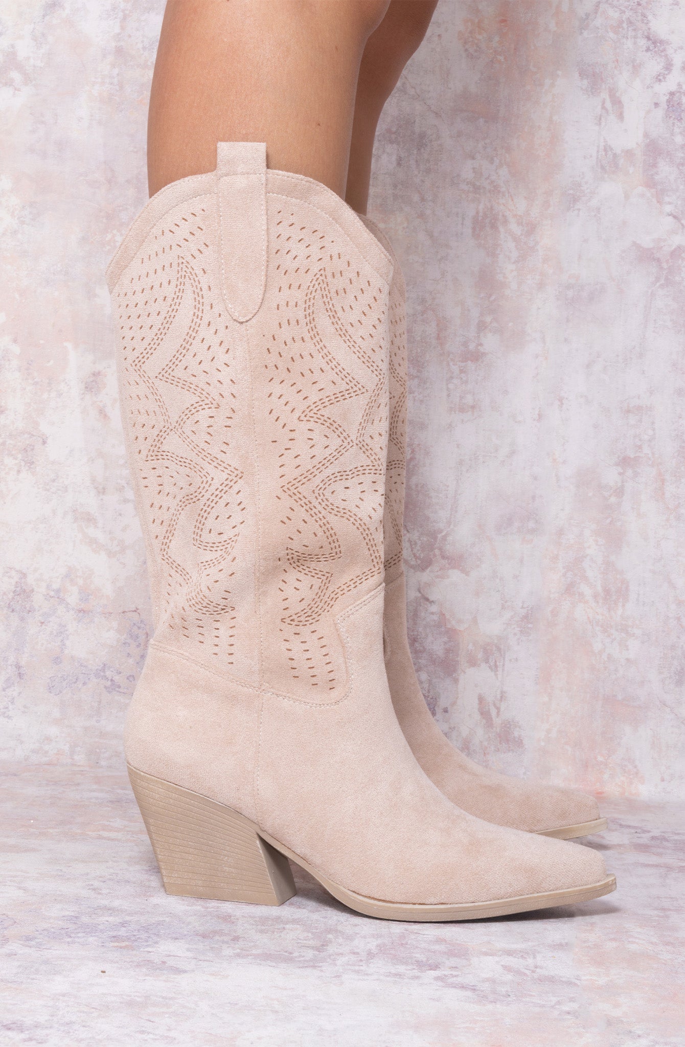 Load image into Gallery viewer, Beige Almond Toe Mid Calf Embroidered Cowboy Boot
