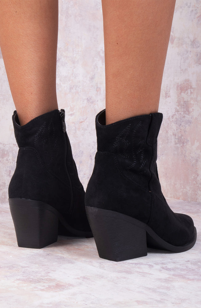 
            
                Load image into Gallery viewer, Black Suede Cowboy Ankle Length Boots
            
        