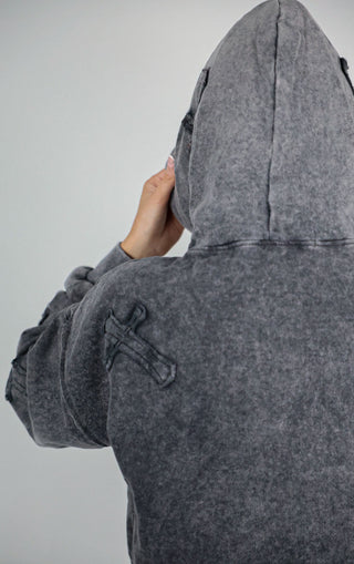 Acid Wash Grey Cross Patch Detail Oversized Tracksuit