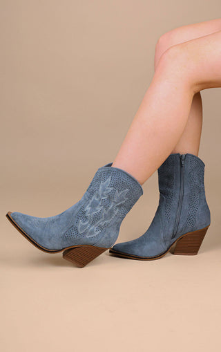 Blue Faux Suede Embroidered Western Pointed Toe Cut Out Cowboy Boots