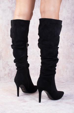 Black Ruched Pointed Toe Stiletto High Heel Knee High Boots