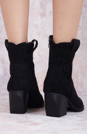 
            
                Load image into Gallery viewer, Star Black Suede Cowboy Ankle Length Boots
            
        
