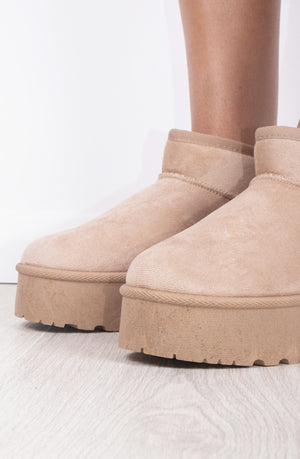 
            
                Load image into Gallery viewer, Beige Faux Suede Ultra Mini Ankle Ribbed Sole Platform Boots
            
        