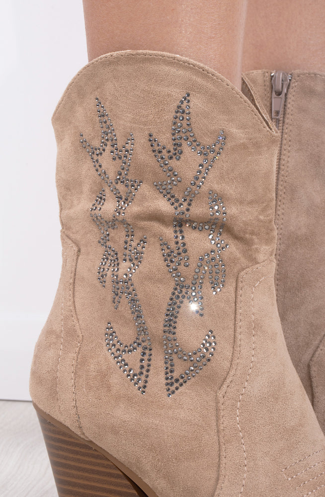 
            
                Load image into Gallery viewer, Beige Rhinestone Suede Cowboy Ankle Boots
            
        