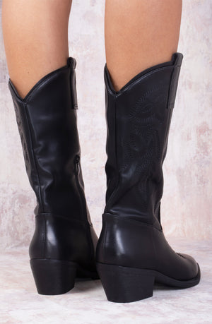 
            
                Load image into Gallery viewer, Black PU Faux Leather Mid Calf Length Cowboy Boot
            
        