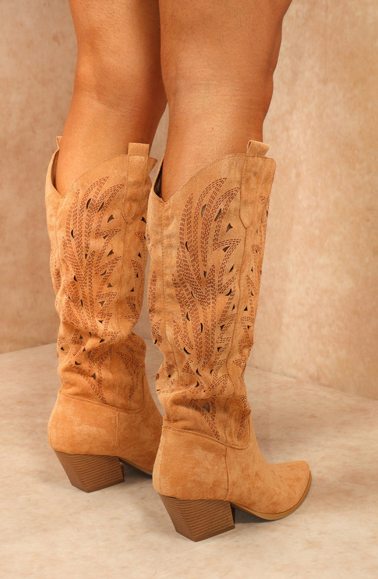 Camel Faux Suede Western Style Knee High Cut Out Cowboy Boot