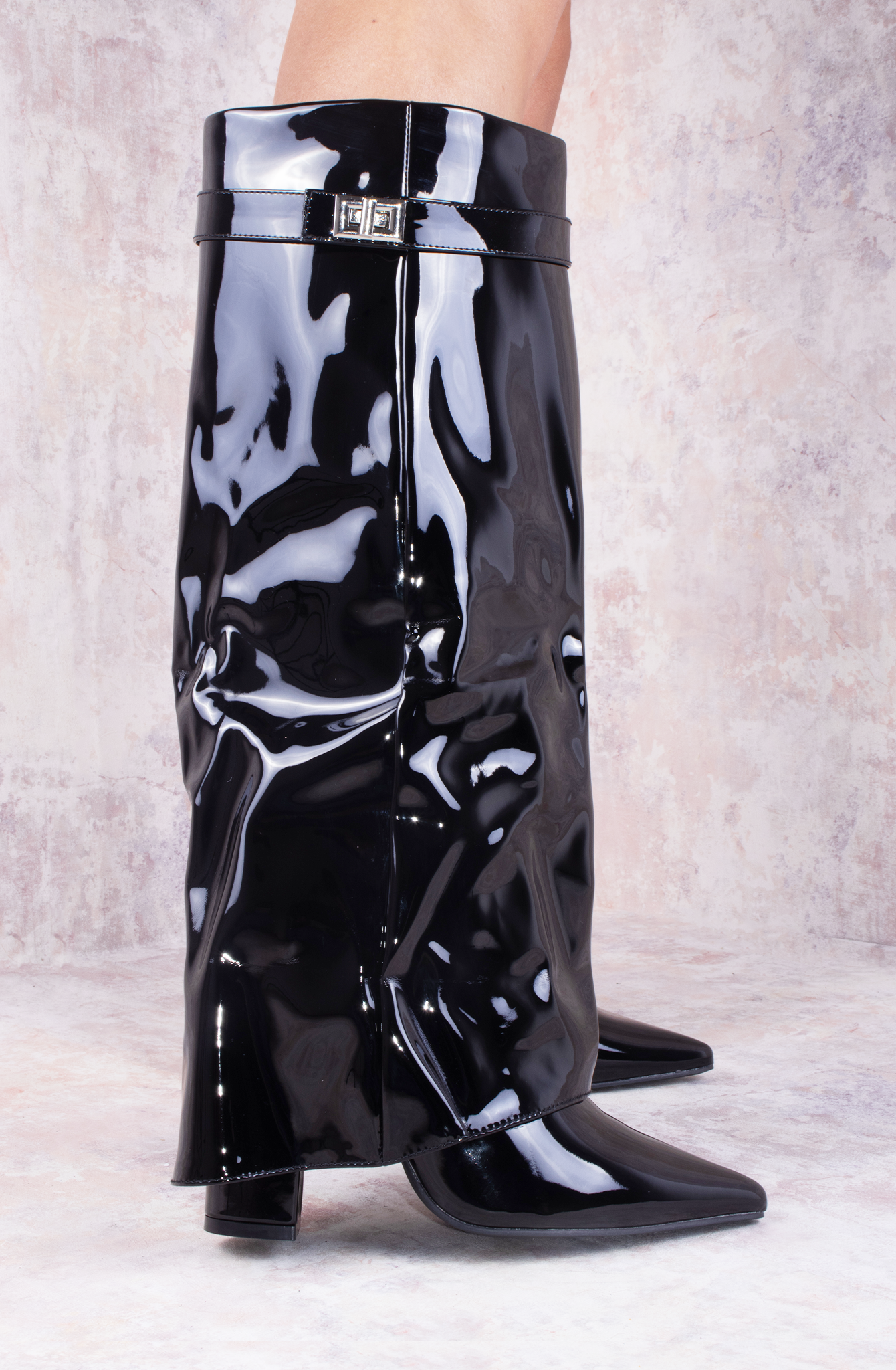 Black Patent Leather Fold Over Shark Classic Buckle Knee High Boot