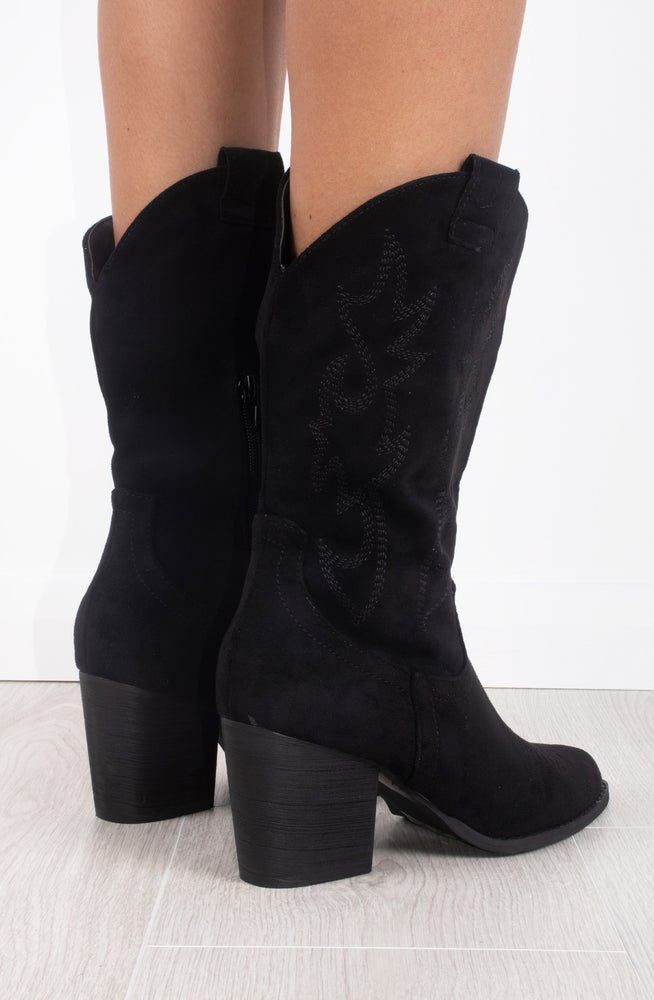 Black Faux Suede Embroidered Western Pointed Toe Mid Calf Cowboy Boots