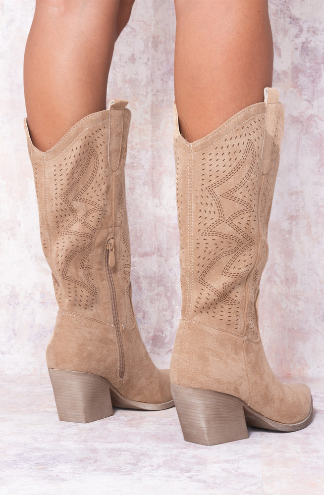 Taupe Almond Toe Mid Calf Embroidered Cowboy Boot