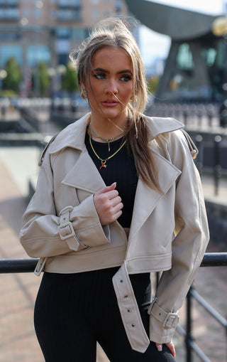 Beige Cropped Buckle Design PU Leather Jacket