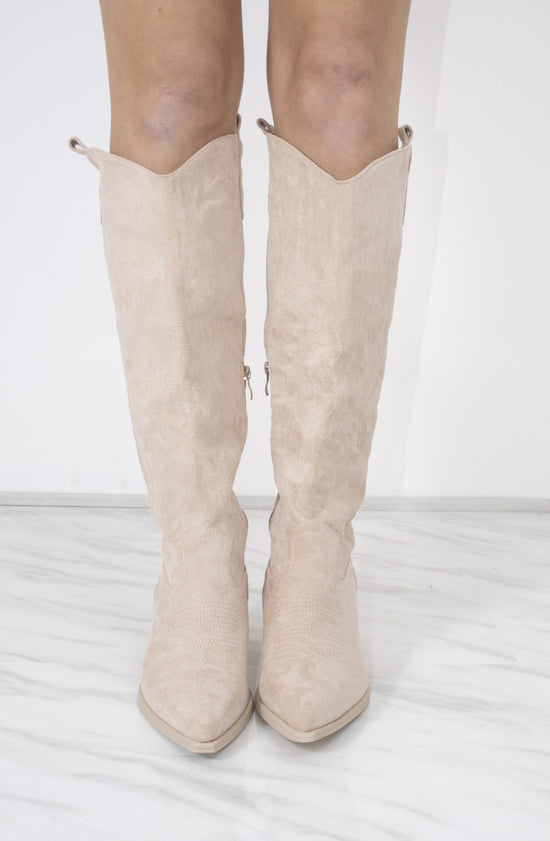 Load image into Gallery viewer, Beige Knee High Embroidery Faux Suede Cowboy Boot
