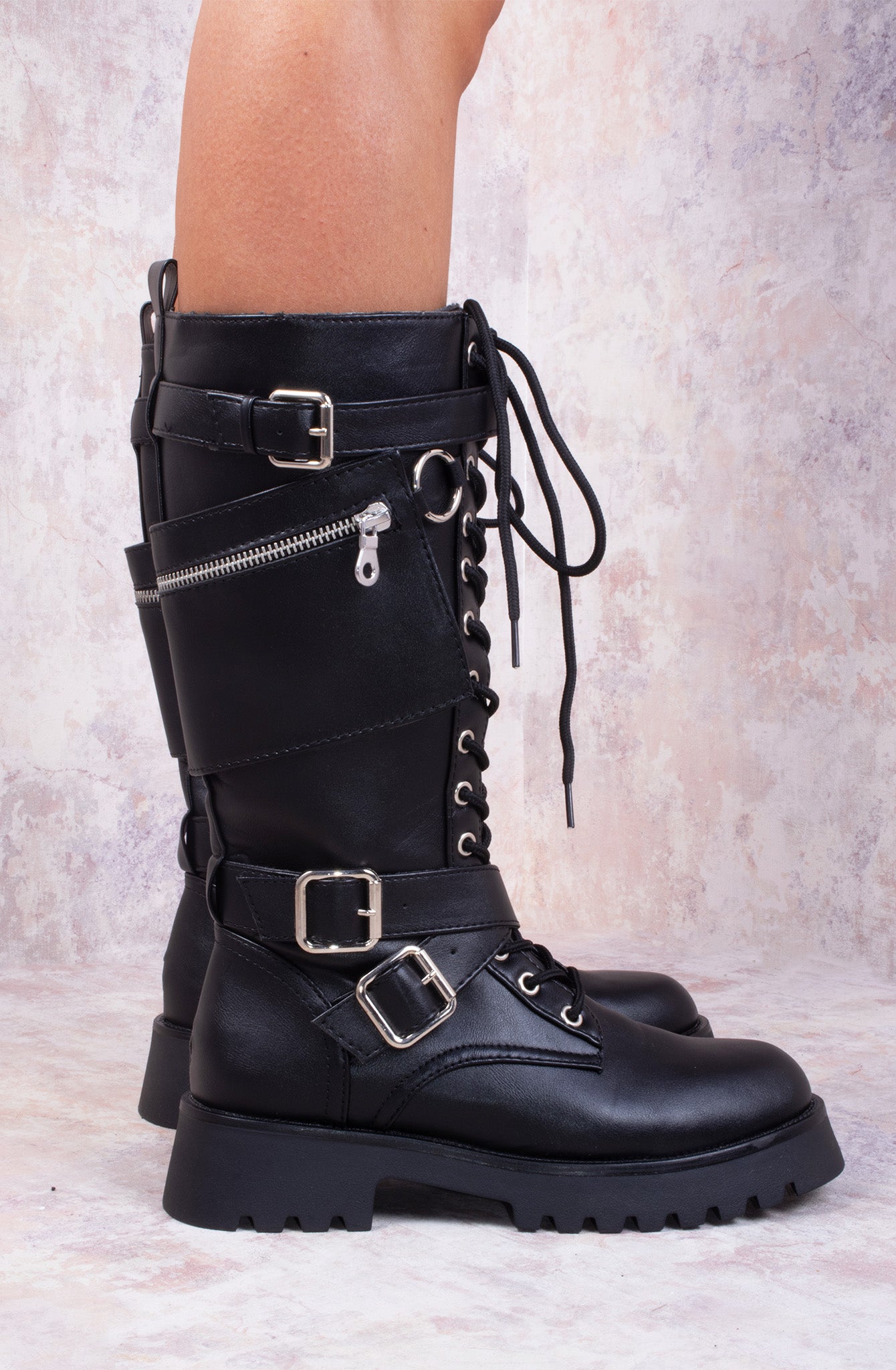 Britney Black Biker Buckle Lace Up Chunky Calf Boots