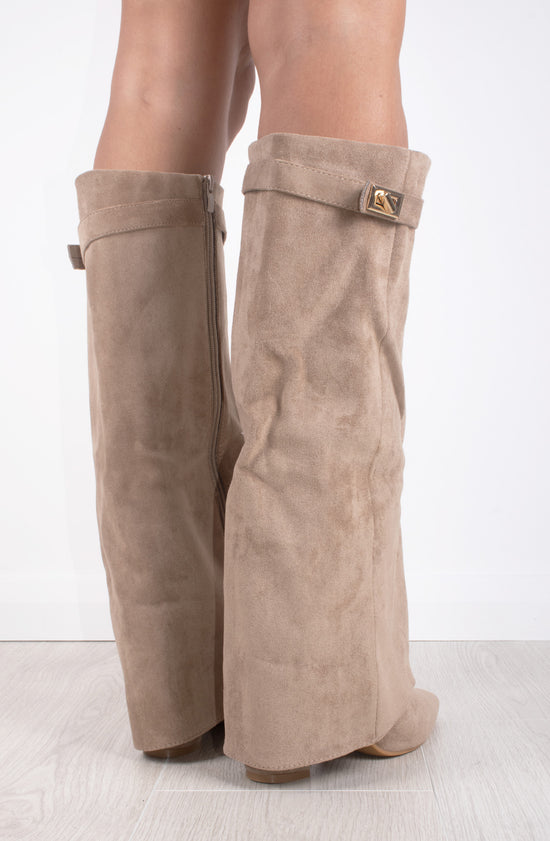 Load image into Gallery viewer, Taupe Faux Suede Fold Over Shark Classic Buckle Knee High Boot
