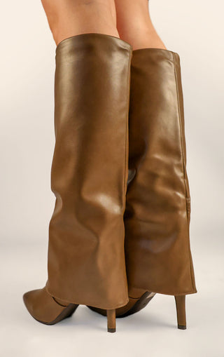 Taupe Stiletto Leather Fold Over Shark Ombre Toe Knee High Boot