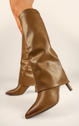 Taupe Stiletto Leather Fold Over Shark Ombre Toe Knee High Boot