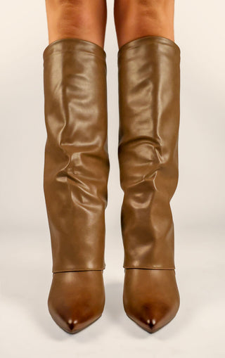 Taupe Stiletto Leather Fold Over Shark Ombre Toe Knee High Boot