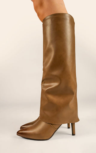 Taupe Stiletto Leather Fold Over Shark Ombre Toe Knee High Boot