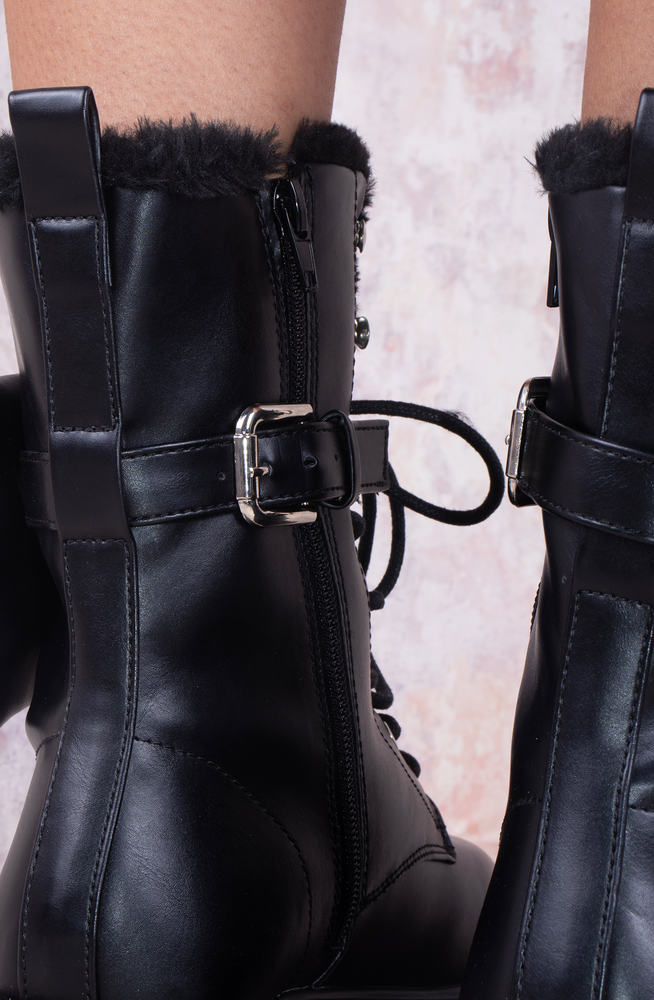 
            
                Load image into Gallery viewer, Black Faux Leather Buckle Lace Up Chunky Ankle Boots With Pocket Detailed
            
        