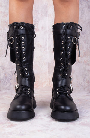 
            
                Load image into Gallery viewer, Britney Black Biker Buckle Lace Up Chunky Calf Boots
            
        