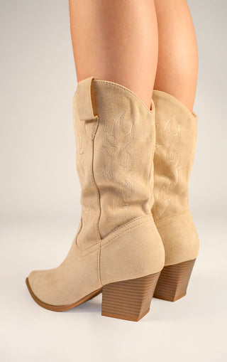 Beige Faux Suede Embroidered Western Mid Calf Cowboy Boots