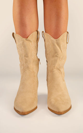 Beige Faux Suede Embroidered Western Mid Calf Cowboy Boots