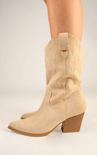 Beige Faux Suede Embroidered Western Mid Calf Cowboy Boots