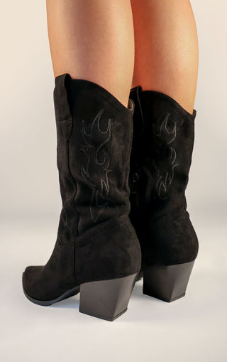 Black Faux Suede Embroidered Western Mid Calf Cowboy Boots