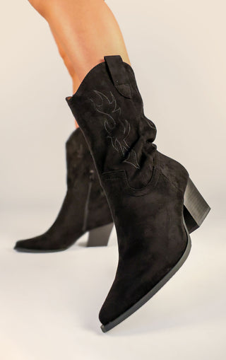 Black Faux Suede Embroidered Western Mid Calf Cowboy Boots