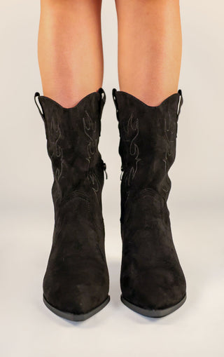 Black Faux Suede Embroidered Western Mid Calf Cowboy Boots